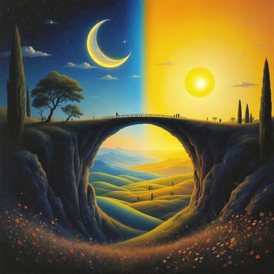 The primary subject of the image is a painting of a bridge with a group of people walking across it. The setting is a beautiful landscape featuring a hillside, a forest, and a moon in the sky. The visual style is a painting, and the colors and mood are warm and inviting.